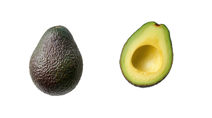 Fresh avocado halves showcasing the vibrant green flesh and single seed on white background
