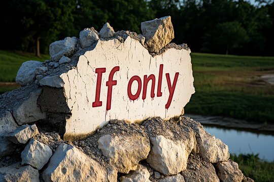 A crumbling wall with faded graffiti that reads "If only", symbolizing the lasting impact of regret and the weight of past decisions