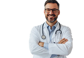 Fototapeta premium Smiling doctor in a white coat poses with arms crossed against a white background