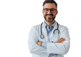 Smiling doctor in a white coat poses with arms crossed against a white background