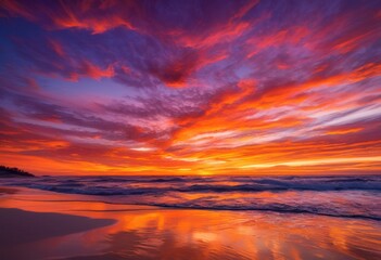 breathtaking vibrant sunset colors mirrored peaceful ocean waves creating serene natural scenery, reflection, sky, beach, nature, beauty, landscape, horizon