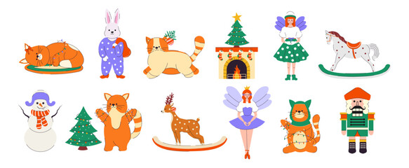 Fototapeta premium Holiday set of elements Happy New Year. Merry Christmas. Holly Jolly. December. Sticker. Trendy collection. Hand drawn. Doodle. Cut out. Christmas tree branch, toys, cats, snowman, nutcracker, rabbit