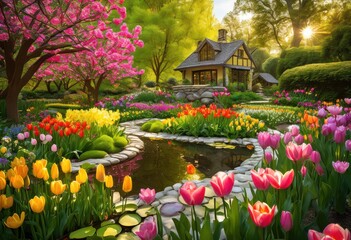 Obraz premium stunning vibrant outdoor spaces featuring lush garden colorful decorative natural elements that enrich outdoor experiences, backyard, landscape, flowers