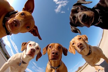 Five dogs are looking up at the camera on a clear day