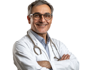 Smiling doctor in a white coat poses with arms crossed against a white background