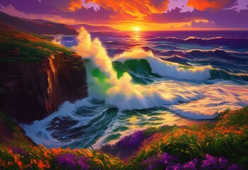 dynamic waves colliding verdant coastal trails amidst breathtaking natural landscapes, beach, coastline, ocean, shoreline, cliffs, surf, rocks, water