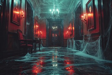 Interior of an old abandoned house, halloween concept. Horror Halloween concept.