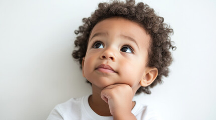 Toddler Brazilian boy deep in thought with hand on chin against a white background.