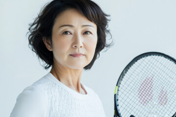 A middle-aged Japanese woman elegantly poised on the court, ready to play tennis. Her focused expression and the simplicity of the white background create an inspiring athletic portrait.