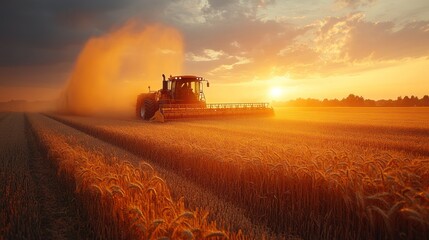Fototapeta premium A red tractor harvests wheat in a field at sunset, with dust swirling behind it.