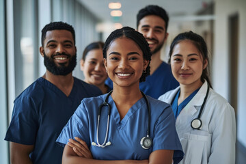 Obraz premium A group of diverse medical professionals, including a Black doctor, a Hispanic nurse, and an Asian physician assistant, standing together in a hospital corridor. They are smiling and looking