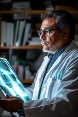 A middle-aged Hispanic doctor deeply analyzing an X-ray illuminated on the lightbox, with an organized array of medical records in the background. The doctorâ€™s serious focus conveys the importance