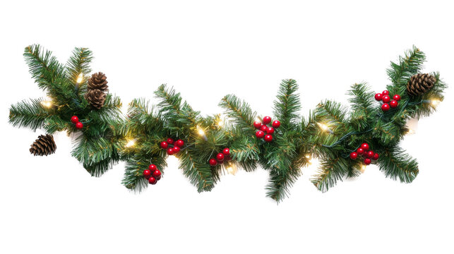 Pinecone and berry garland lit with twinkling lights for festive occasions