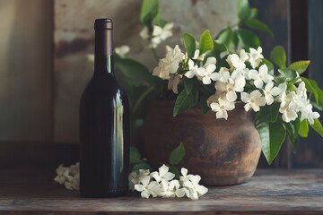 A vintage table showcasing an old wine bottle alongside fragrant white jasmine flowers in a rustic jar. The nostalgic setting evokes warmth and memories of cherished gatherings.