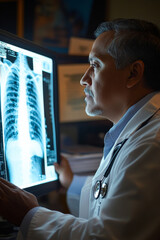 A middle-aged Hispanic doctor deeply analyzing an X-ray illuminated on the lightbox, with an organized array of medical records in the background. The doctorâ€™s serious focus conveys the importance