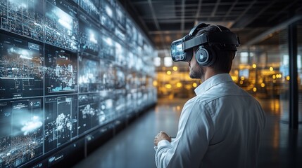 A man wearing VR headset in a large room with screens displaying data.