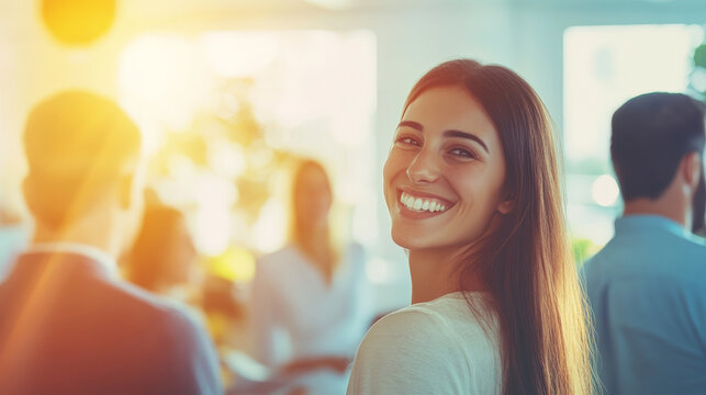 A bright and energetic office setting, with a team engaged in a positive debate around a decision. The group's smiling faces are highlighted by the blurred background, giving the image a sense of