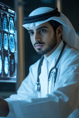 A young adult Arabian doctor with a serious look, concentrating on an X-ray image illuminated on the lightbox, surrounded by medical charts and notes. The doctor's sharp focus embodies commitment to