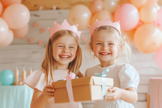 Two birthday cute little girls in pink crown opening a present, with friends in the background. Birthday decoration for a girl with pink balloons. Event banner, poster, wallpaper.
