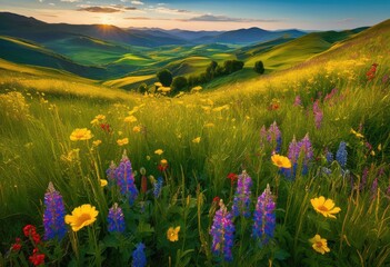 Obraz premium breathtaking lush fields adorned vibrant flowers set majestic rolling hills under clear blue sky, blooming, blossoms, wildflowers, flora, meadow