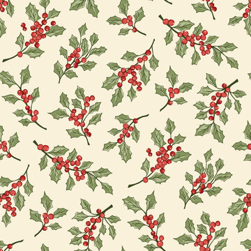 Retro Christmas Christmas Holly Berries Branches and Foliage Vector Seamless Pattern. Festive Flowers, Greenery Arrangement. Winter Holidays Botanical Print. Nostalgic Spirit.