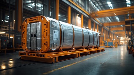 Fototapeta premium A large cylindrical object, wrapped in plastic and secured on a wheeled platform, sits in the center of a large industrial warehouse.
