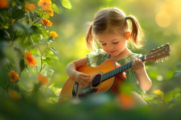 A little girl with pigtails playing her guitar in a sunny park, singing her heart out. The lush greenery and blooming flowers around her add to the vibrant and joyful scene.