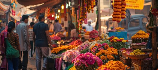 Naklejka premium Festive Marketplace During Bandi Chhor Divas with Colorful Stalls and Decorations