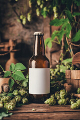 Obraz premium A brown beer bottle with a blank white label, elegantly surrounded by fresh hops and small brewing tools, creates a scene that captures the essence of artisanal craft brewing in a cozy, rustic setting