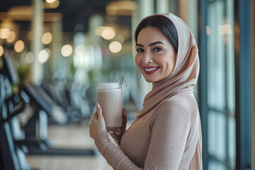 A middle-aged Arabian woman holding a protein shake and smiling confidently in a bright, well-equipped gym. The spacious environment, with cardio and weight machines, emphasizes her dedication to