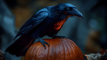 Obraz premium Close-up of a Crow on a Pumpkin
