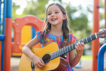 A young girl in a bright dress playing a guitar on a playground, her eyes sparkling with excitement as she sings. The colorful playground equipment adds a fun backdrop to her lively performance.