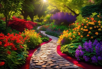 Obraz premium lively pathway through vibrant garden surrounded lush greenery flourishing inviting exploration, blossoms, blooms, flowers, petals, foliage, leaves