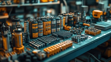 Obraz premium A workbench covered with various tools and spare parts, including electrical components, fasteners, and containers.