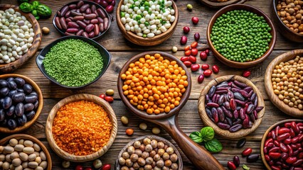 Fresh assortment of colorful legumes including beans, lentils, and peas on a rustic wooden background