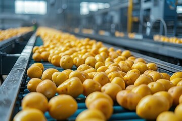 Yellow lemons being sorted on a conveyor belt in a factory