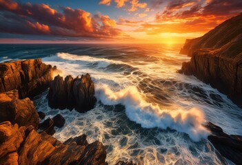 Obraz premium majestic ocean waves collide rugged creating breathtaking seaside scenery natural beauty, cliffs, coast, landscape, splash, rocks, shore, turquoise, foam