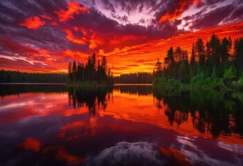 vibrant sunset reflection serene lake capturing beautiful color palette rich fiery soft purple hues mirrored calm waters, sky, orange, scenery, landscape, evening