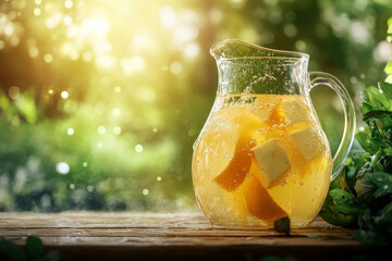 A large glass jug filled with sparkling lemon juice, with water splashes creating a dynamic effect. The wooden table provides a rustic touch against a beautifully blurred natural landscape filled with