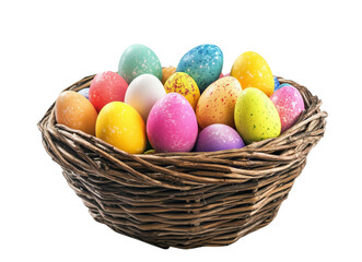Naklejka premium Colorful Easter eggs in a wicker basket displayed for spring celebrations and festivities