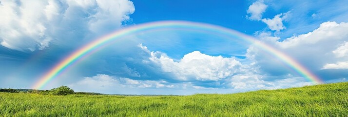 rainbow in the blue sky, green grass