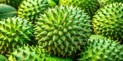 Fototapeta premium Fresh graviola fruit on a wooden table showcasing its unique spiky skin and vibrant green color