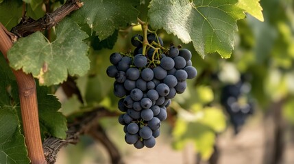 A cluster of grapes hanging low from a vine, surrounded by healthy, vibrant green leaves in the vineyard.