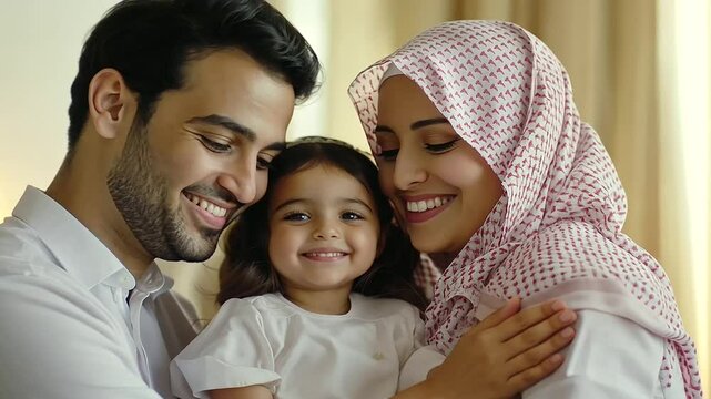 rabic family, joyful moment, home environment, happy parents, little daughter, warm smiles, loving atmosphere, living room, family love, embrace, cultural heritage, traditional attire, cozy setting, f