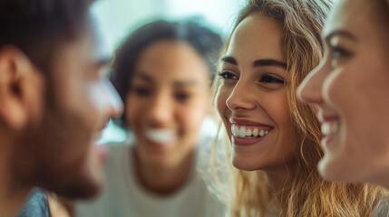 A close-up of a work group engaged in a friendly debate, exchanging ideas with smiles and enthusiasm. The blurred office setting in the background emphasizes their connection and collaborative spirit.