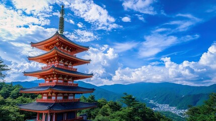A colorful pagoda standing tall against a backdrop of mountains and blue sky in the countryside of Japan.