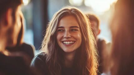 A close-up of a work group engaged in a friendly debate, exchanging ideas with smiles and enthusiasm. The blurred office setting in the background emphasizes their connection and collaborative spirit.