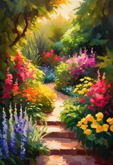 Fototapeta premium serene lush garden pathway enveloped colorful vibrant flora lush greenery natural beauty surrounding scenic landscape, flowers, plants, vegetation, trees