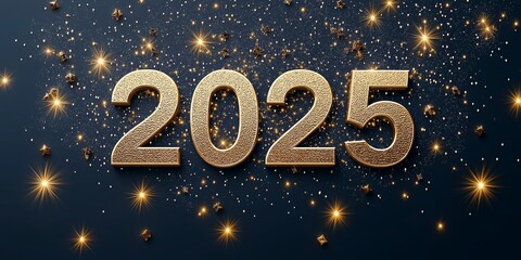 Minimalistic New Year card featuring golden '2025' in serif font, surrounded by sparkling stars on a dark blue background