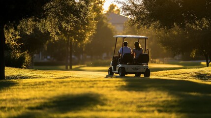 A couple sharing a cart, enjoying a relaxing round of golf on a warm afternoon.